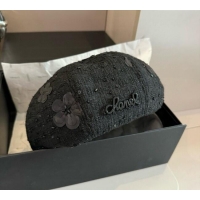 Luxury Classic Chanel Tweed Beret Hat with Bloom CH090907 Black 2025