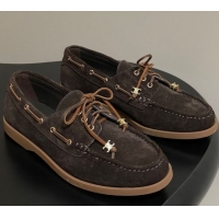 Popular Style Celine Bateau Lace-up Loafers in Suede Dark Brown 0826067