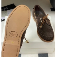 Popular Style Celine Bateau Lace-up Loafers in Suede Dark Brown 0826067