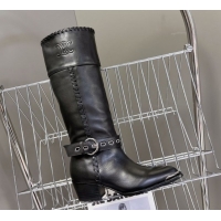 Luxurious Celine Calfskin Heel High Boots 4.5cm with Buckle and Braided Trim Black CE082607