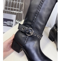 Luxurious Celine Calfskin Heel High Boots 4.5cm with Buckle and Braided Trim Black CE082607