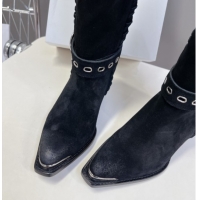 Good Quality Celine Suede Heel High Boots 4.5cm with Buckle and Braided Trim Black 2025 CE082607