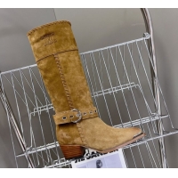 Good Product Celine Suede Heel High Boots 4.5cm with Buckle and Braided Trim Khaki 2025 CE082607