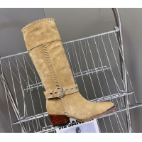 Luxury Cheap Celine Suede Heel High Boots 4.5cm with Buckle and Braided Trim Beige 2025 CE082607