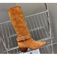 Low Price Celine Suede Heel High Boots 4.5cm with Buckle and Braided Trim Brown 2025 CE082607