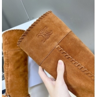 Low Price Celine Suede Heel High Boots 4.5cm with Buckle and Braided Trim Brown 2025 CE082607