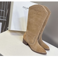 Charming Celine Suede Heel Mid Boots 4.5cm with Stitches Beige 2025 CE082608