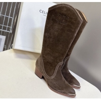 Best Product Celine Suede Heel Mid Boots 4.5cm with Stitches Dark Brown 2025 CE082608