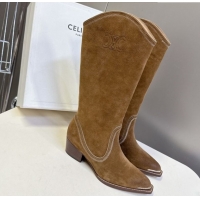 Top Grade Celine Suede Heel Mid Boots 4.5cm with Stitches Tan Brown 2025 CE082608