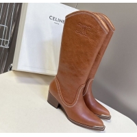 Unique Style Celine Calfskin Heel Mid Boots 4.5cm with Stitches Brown 2025 CE082608