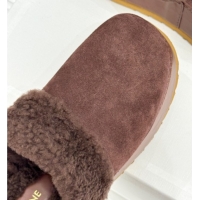 Fashion Celine Dana Wedge Platform Mules in Suede and Shearling Brown 2025 CE082615