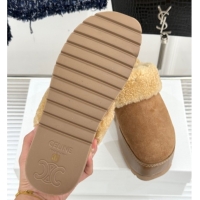 Trendy Design Celine Dana Wedge Platform Mules in Suede and Shearling Beige 2025 CE082615