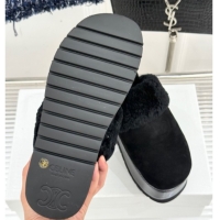 Most Popular Celine Dana Wedge Platform Mules in Suede and Shearling Black 2025 CE082615