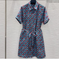 New Design Louis Vuitton Cherry Print Dress 0611 Denim Blue 2025