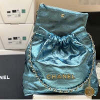 Shop Discount Chanel 22 Small Bag in Metallic Calfskin AS3260 Blue 2025 Top Quality