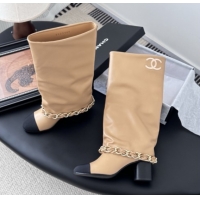 Sumptuous Chanel High Boots in Lambskin & Grosgrain 5cm Heel G46677 Beige
