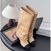 Sumptuous Chanel High Boots in Lambskin & Grosgrain 5cm Heel G46677 Beige