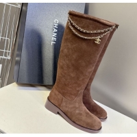 Grade Quality Chanel Suede Flat High Boots 3.5cm with Dropped Chain Dark Brown CH083001