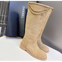 Pretty Style Chanel Suede Flat High Boots 3.5cm with Dropped Chain Beige CH083001 50830002