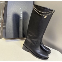 Top Design Chanel Calfskin Leather Flat High Boots 3.5cm with Dropped Chain Black 2025 CH083001 50830003