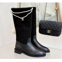 Top Grade Chanel Tweed & Calfskin Flat High Boots 3.5cm with Dropped Pearls Black 2025 CH083001 50830010