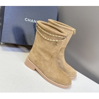 Best Grade Chanel Suede Flat Ankle Boots 3.5cm with Dropped Chain Beige CH083001 50830004