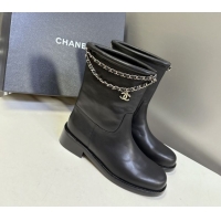 Unique Style Chanel Calfskin Leather Flat Ankle Boots 3.5cm with Dropped Chain Black 2025 CH083001 0830005
