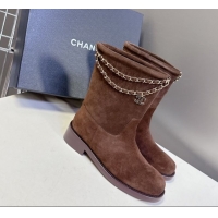 Purchase Chanel Suede Flat Ankle Boots 3.5cm with Dropped Chain Dark Brown 2025 CH083001 0830007