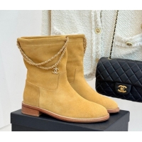 Perfect Chanel Suede Flat Ankle Boots 3.5cm with Dropped Chain Yellow CH083001 0830008