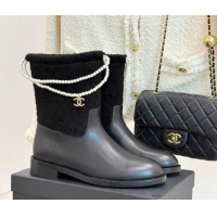 Low Price Chanel Tweed & Calfskin Flat Ankle Boots 3.5cm with Dropped Pearls Black 2025 CH083001 0830009