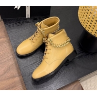 Popular Style Chanel Calfskin Leather Flat Laced-up Ankle Boots with Chain Yellow 2025 CH083002 0830011