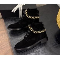 Most Popular Chanel Suede Flat Laced-up Ankle Boots with Chain Black 0830012