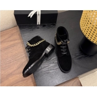 Most Popular Chanel Suede Flat Laced-up Ankle Boots with Chain Black 0830012