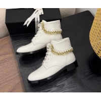 Best Product Chanel Calfskin Leather Flat Laced-up Ankle Boots with Chain White 0830014