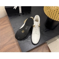 Best Product Chanel Calfskin Leather Flat Laced-up Ankle Boots with Chain White 0830014