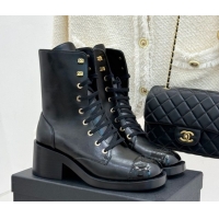 Shop Duplicate Chanel Patent & Calfskin Leather Heel Laced-up Ankle Boots 5cm Black 0830015