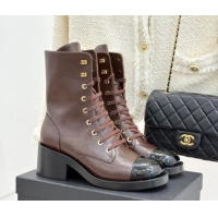 Buy Discount Chanel Patent & Calfskin Leather Heel Laced-up Ankle Boots 5cm Brown 2025 CH083003