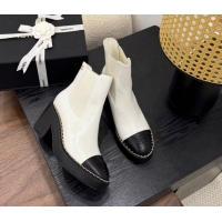 Shop Duplicate Chanel Calfskin Leather Heel Platform Ankle Boots with Chain White 2025 CH083005