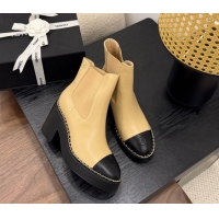 Low Cost Chanel Calfskin Leather Heel Platform Ankle Boots with Chain Beige Yellow 2025 CH083005