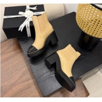 Low Cost Chanel Calfskin Leather Heel Platform Ankle Boots with Chain Beige Yellow 2025 CH083005