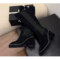 Luxury Chanel Suede Heel Platform High Boots with Chain Black 2025 CH083005