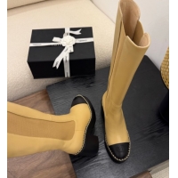 Fashion Chanel Calfskin Leather Heel Platform High Boots with Chain Beige Yellow 2025 CH083005