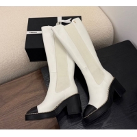 Luxury Chanel Calfskin Leather Heel Platform High Boots with Chain White 2025 CH083005