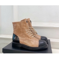 Luxurious Chanel Patent & Calfskin Laced-up Ankle Boots 3.5cm Beige 2025 CH083006