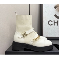 Generous Chanel Knit & Calfskin Ankle Boots with Buckle and Chain White 2025 CH083007