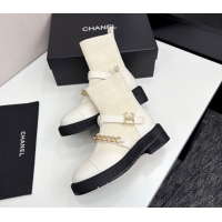 Generous Chanel Knit & Calfskin Ankle Boots with Buckle and Chain White 2025 CH083007