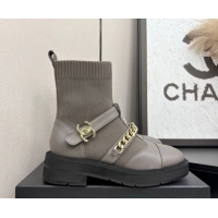 Buy Discount Chanel Knit & Calfskin Ankle Boots with Buckle and Chain Grey 2025 CH083007