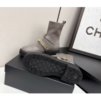Buy Discount Chanel Knit & Calfskin Ankle Boots with Buckle and Chain Grey 2025 CH083007