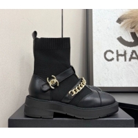 Low Price Chanel Knit & Calfskin Ankle Boots with Buckle and Chain Black 2025 CH083007