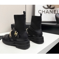 Low Price Chanel Knit & Calfskin Ankle Boots with Buckle and Chain Black 2025 CH083007